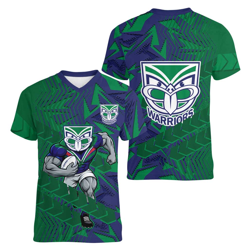 New Zealand Warriors Rugby Women V-Neck T-Shirt Fierce Mascot Geometric Tribal Art