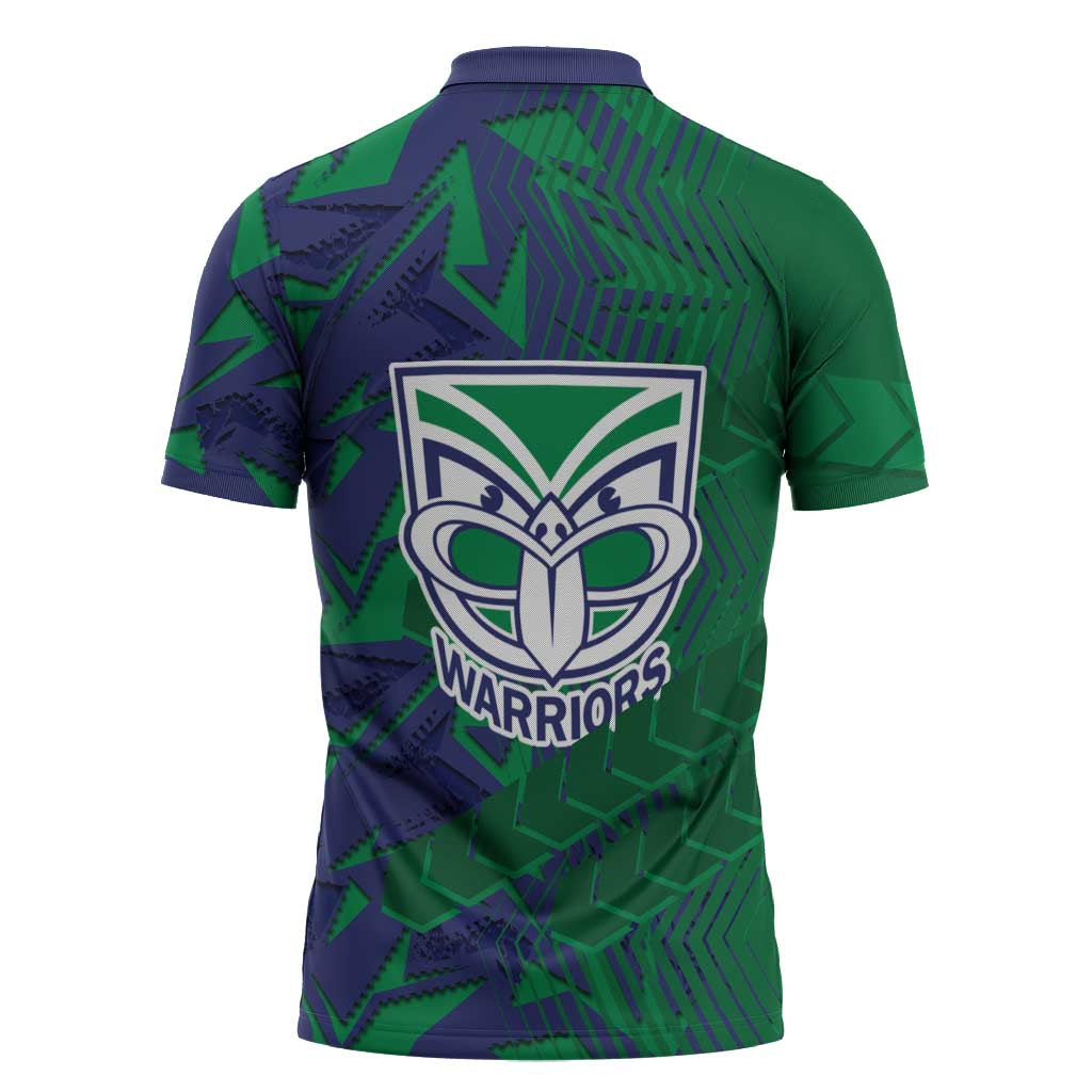 New Zealand Warriors Rugby Zipper Polo Shirt Fierce Mascot Geometric Tribal Art