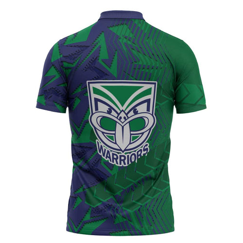 New Zealand Warriors Rugby Zipper Polo Shirt Fierce Mascot Geometric Tribal Art