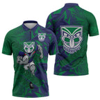New Zealand Warriors Rugby Zipper Polo Shirt Fierce Mascot Geometric Tribal Art