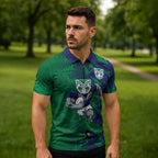 New Zealand Warriors Rugby Zipper Polo Shirt Fierce Mascot Geometric Tribal Art