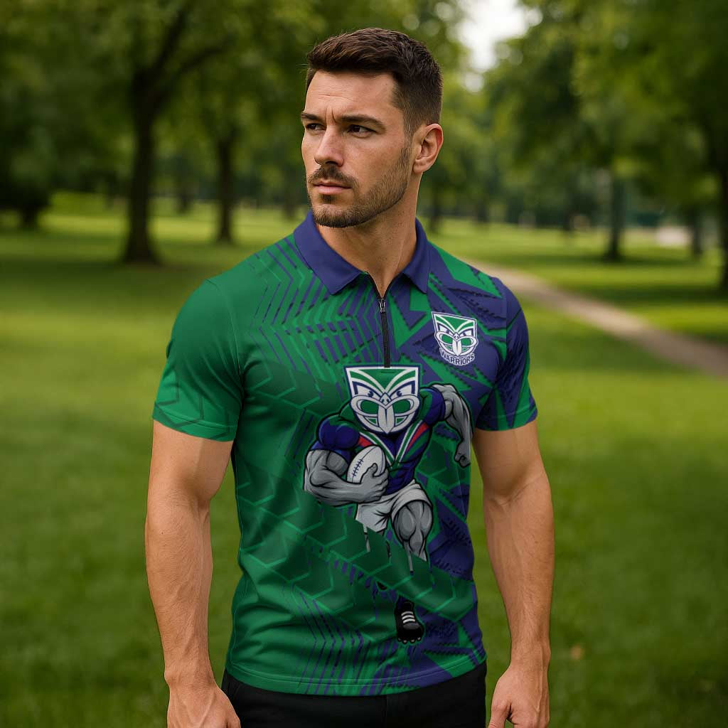 New Zealand Warriors Rugby Zipper Polo Shirt Fierce Mascot Geometric Tribal Art