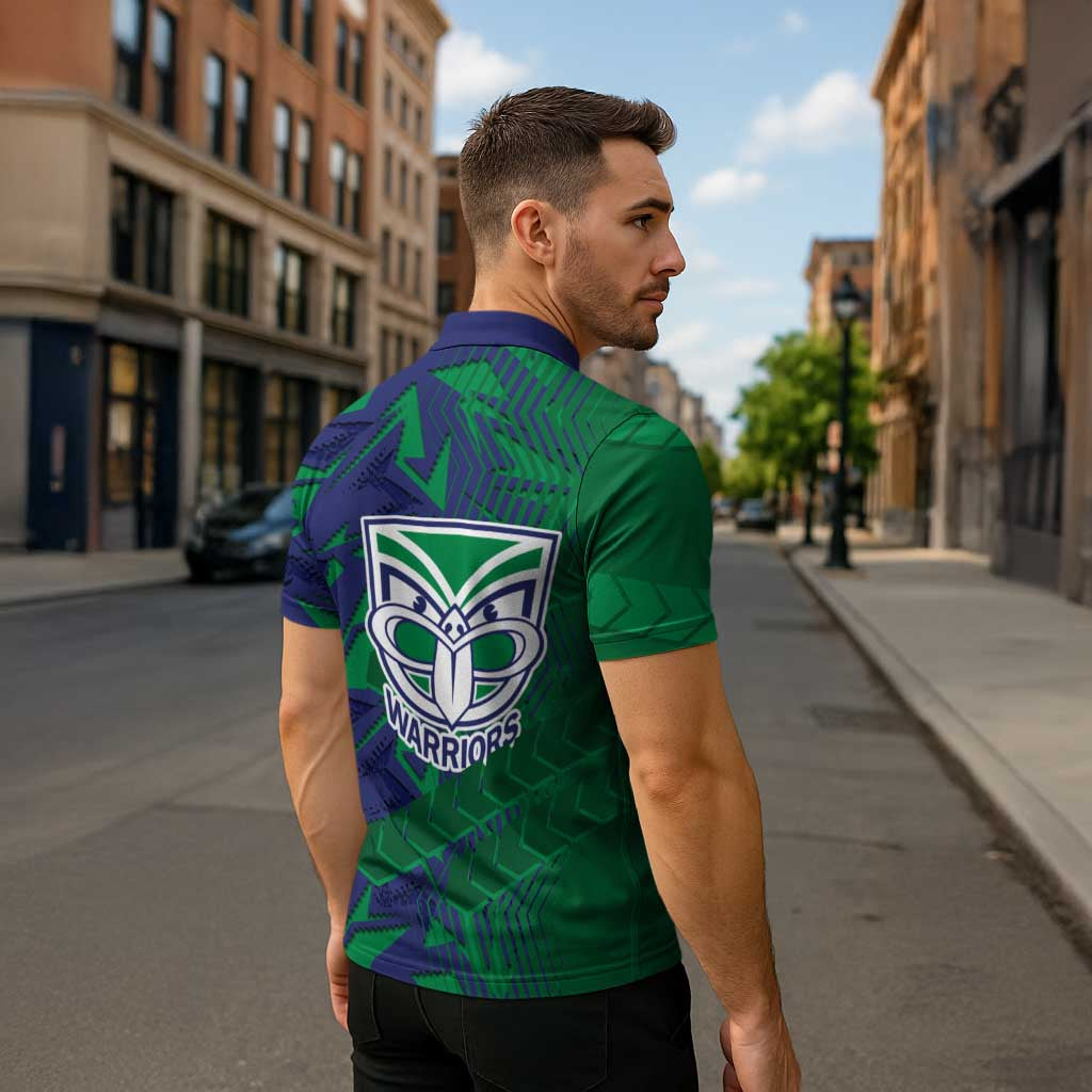 New Zealand Warriors Rugby Zipper Polo Shirt Fierce Mascot Geometric Tribal Art