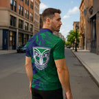 New Zealand Warriors Rugby Zipper Polo Shirt Fierce Mascot Geometric Tribal Art