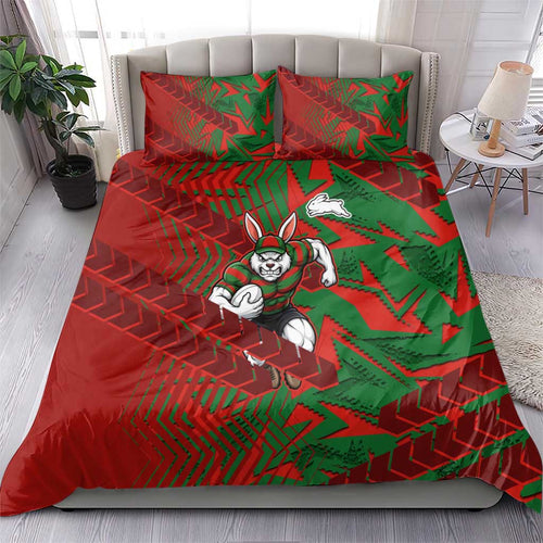South Sydney Rabbitohs Rugby Bedding Set Fierce Mascot Geometric Tribal Art