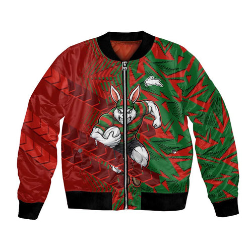 South Sydney Rabbitohs Rugby Bomber Jacket Fierce Mascot Geometric Tribal Art