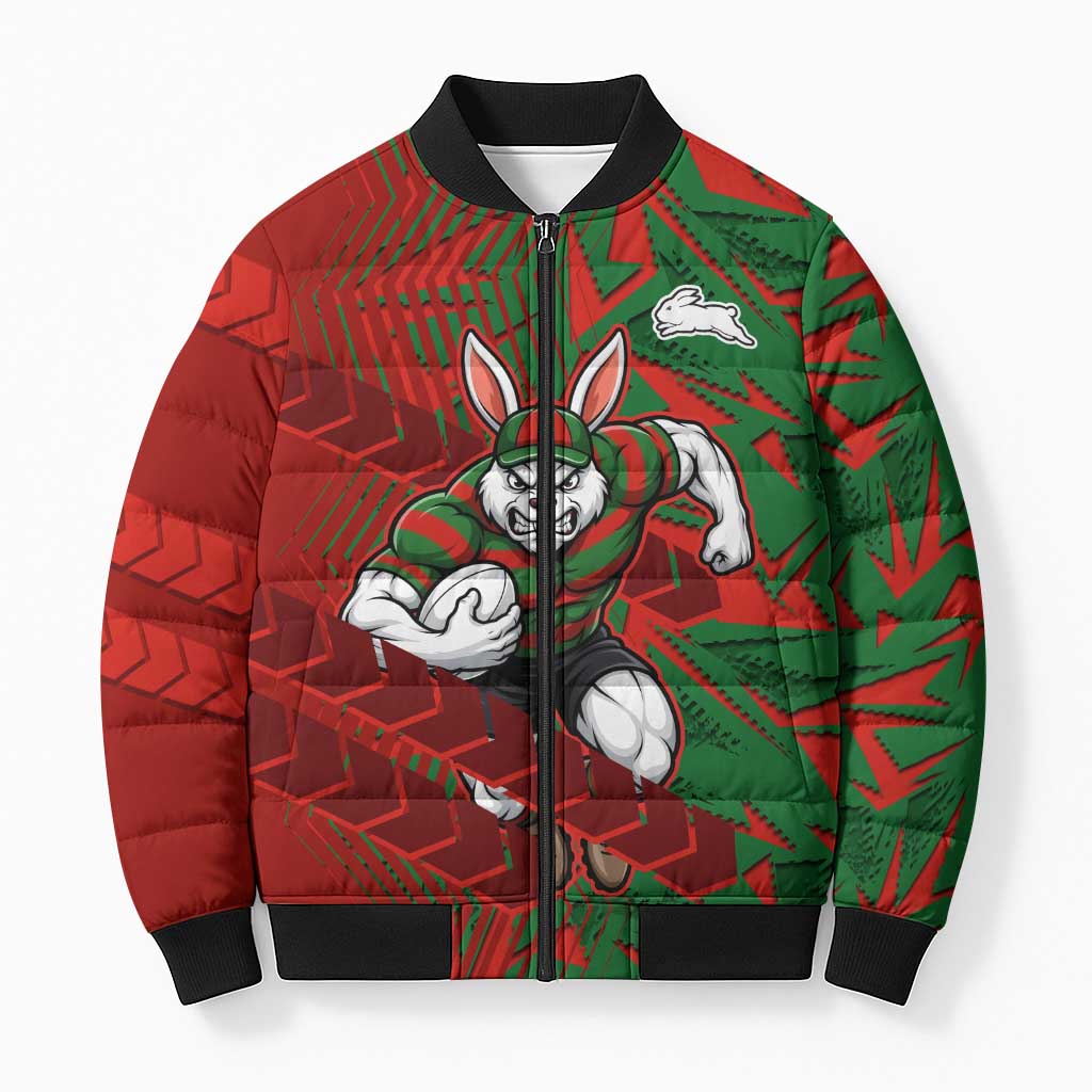 South Sydney Rabbitohs Rugby Bomber Puffer Jacket Fierce Mascot Geometric Tribal Art