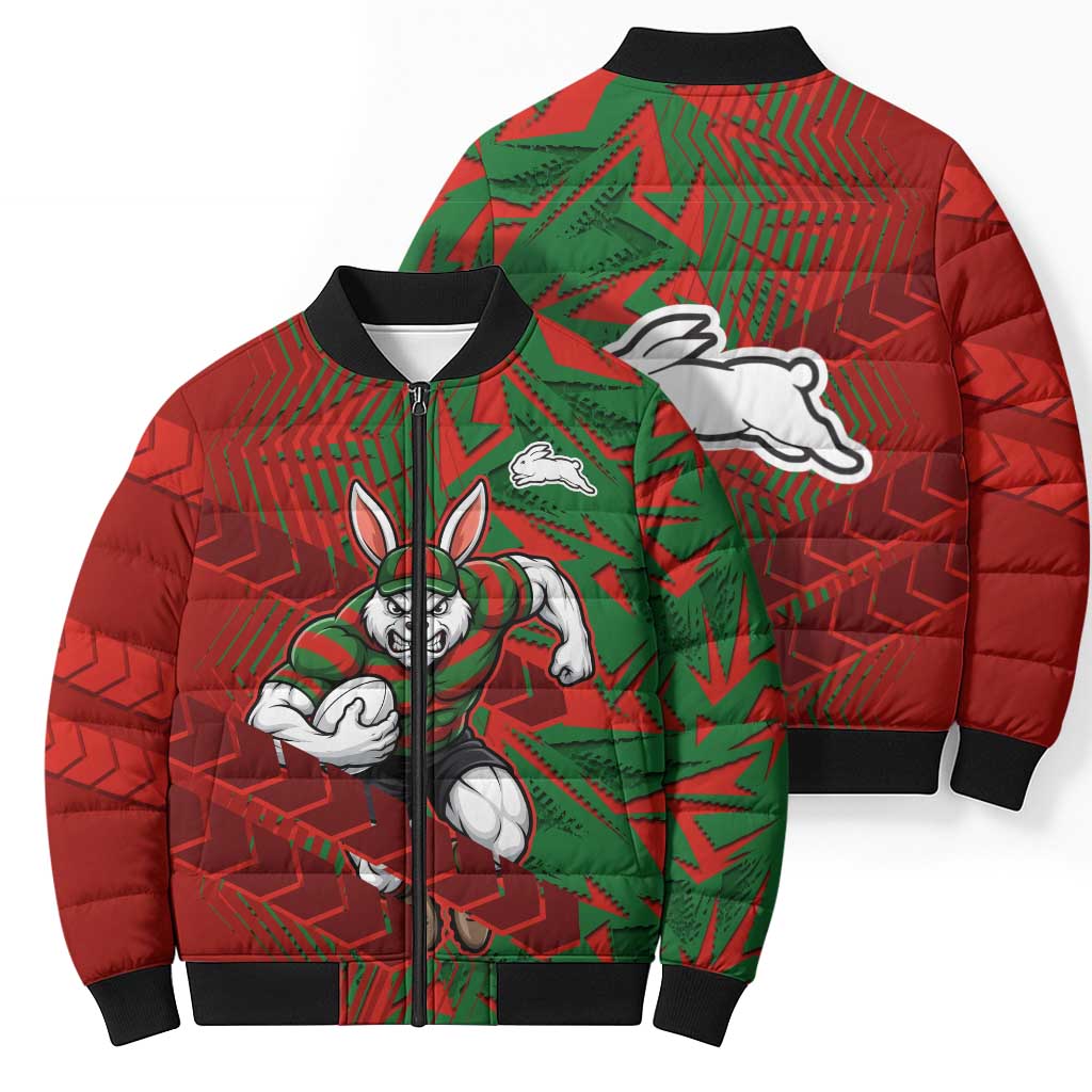 South Sydney Rabbitohs Rugby Bomber Puffer Jacket Fierce Mascot Geometric Tribal Art