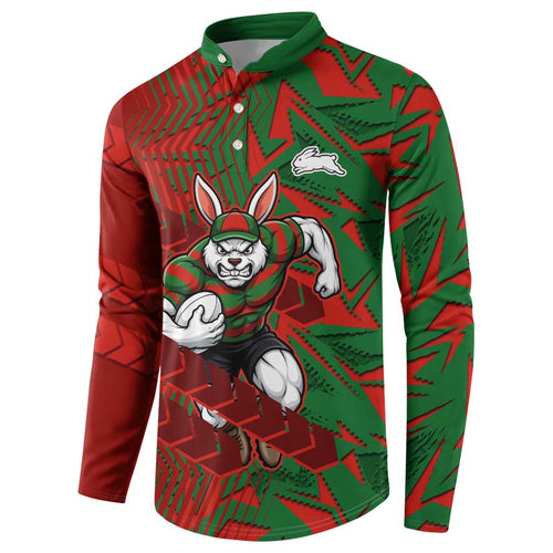 South Sydney Rabbitohs Rugby Button Sweatshirt Fierce Mascot Geometric Tribal Art