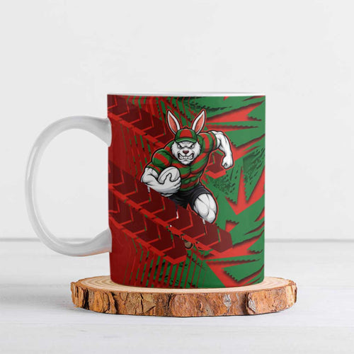 South Sydney Rabbitohs Rugby Ceramic Mug Fierce Mascot Geometric Tribal Art