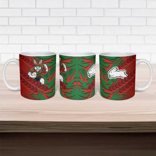 South Sydney Rabbitohs Rugby Ceramic Mug Fierce Mascot Geometric Tribal Art