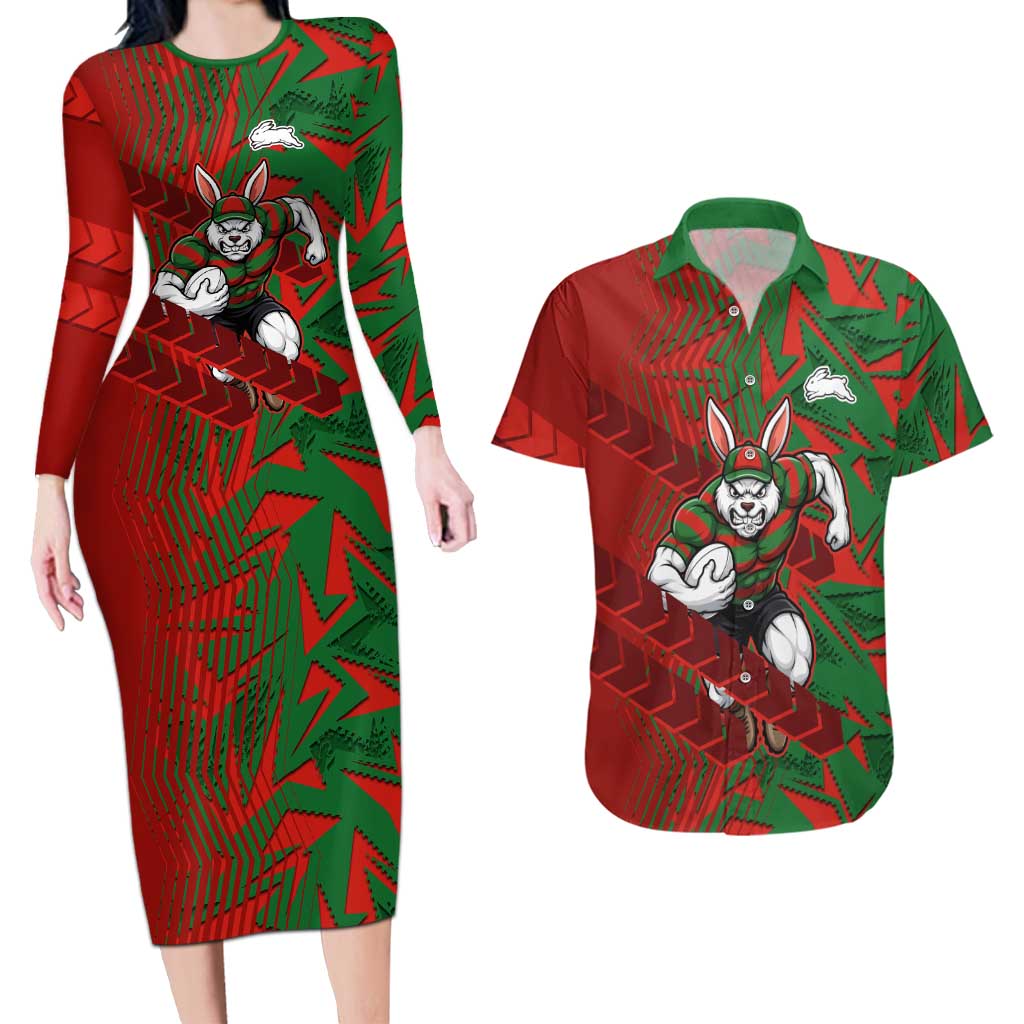 South Sydney Rabbitohs Rugby Couples Matching Long Sleeve Bodycon Dress and Hawaiian Shirt Fierce Mascot Geometric Tribal Art
