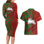 South Sydney Rabbitohs Rugby Couples Matching Long Sleeve Bodycon Dress and Hawaiian Shirt Fierce Mascot Geometric Tribal Art