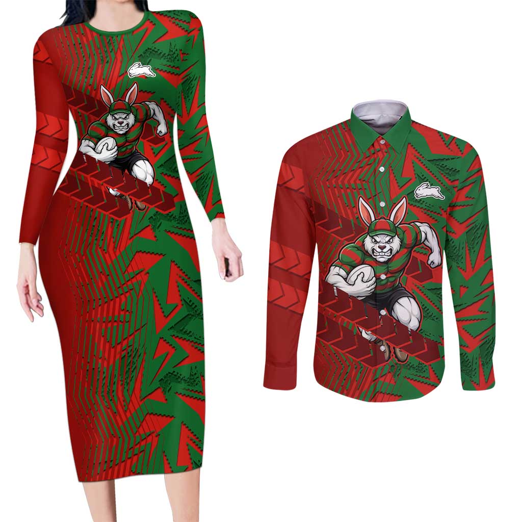 South Sydney Rabbitohs Rugby Couples Matching Long Sleeve Bodycon Dress and Long Sleeve Button Shirt Fierce Mascot Geometric Tribal Art