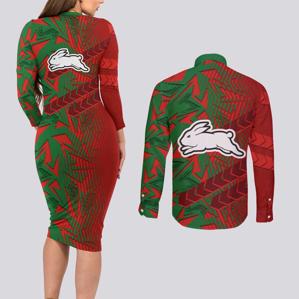 South Sydney Rabbitohs Rugby Couples Matching Long Sleeve Bodycon Dress and Long Sleeve Button Shirt Fierce Mascot Geometric Tribal Art