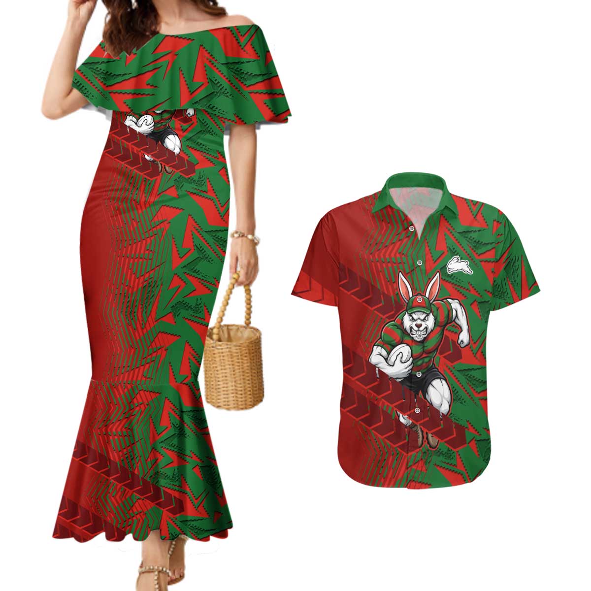 South Sydney Rabbitohs Rugby Couples Matching Mermaid Dress and Hawaiian Shirt Fierce Mascot Geometric Tribal Art