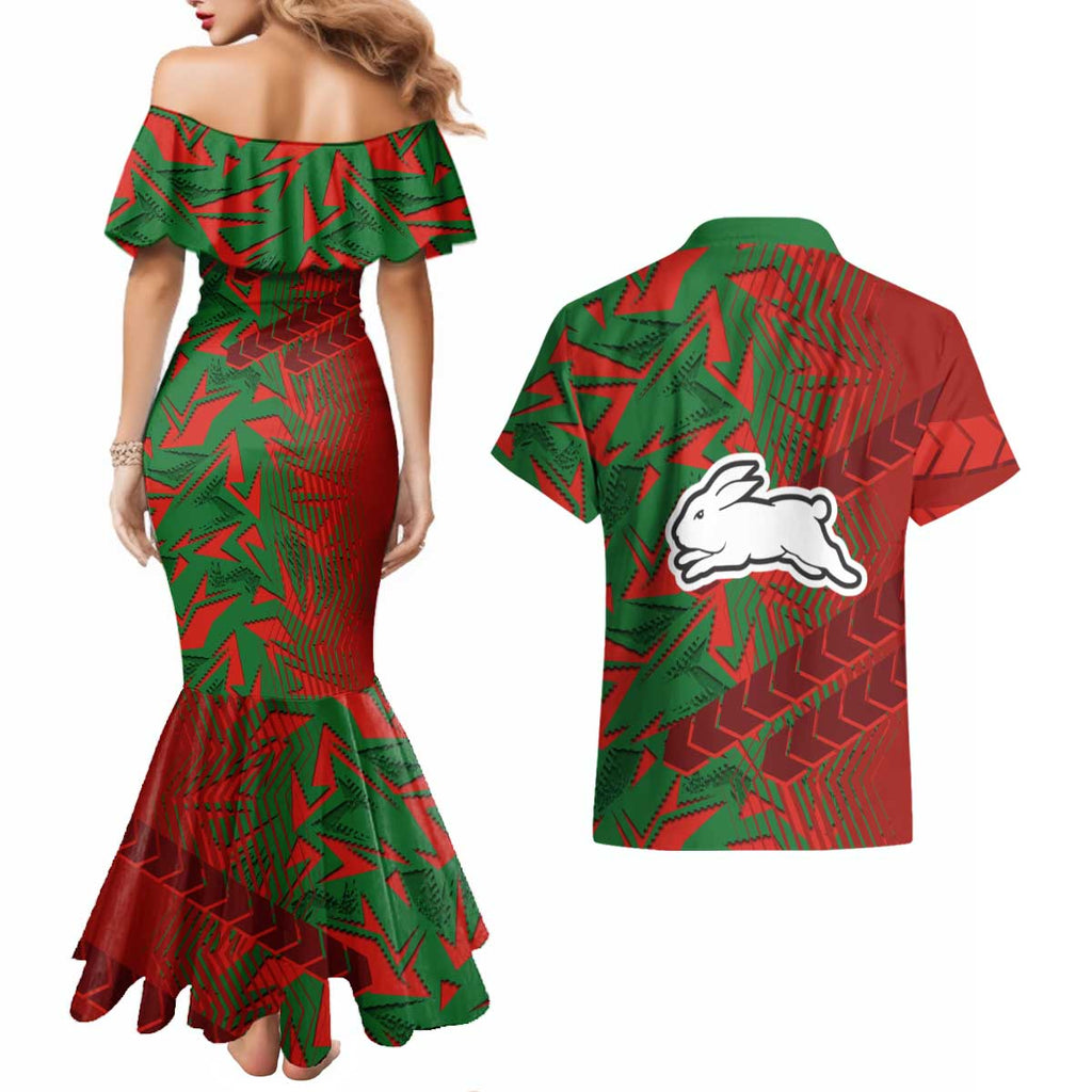 South Sydney Rabbitohs Rugby Couples Matching Mermaid Dress and Hawaiian Shirt Fierce Mascot Geometric Tribal Art