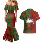 South Sydney Rabbitohs Rugby Couples Matching Mermaid Dress and Hawaiian Shirt Fierce Mascot Geometric Tribal Art