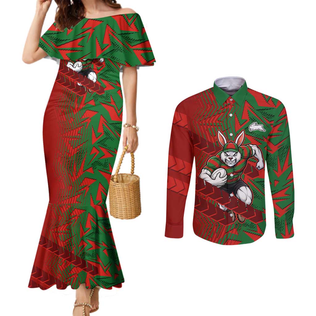 South Sydney Rabbitohs Rugby Couples Matching Mermaid Dress and Long Sleeve Button Shirt Fierce Mascot Geometric Tribal Art
