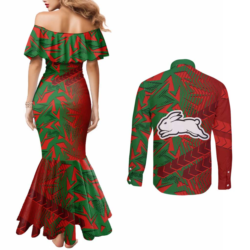 South Sydney Rabbitohs Rugby Couples Matching Mermaid Dress and Long Sleeve Button Shirt Fierce Mascot Geometric Tribal Art