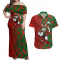 South Sydney Rabbitohs Rugby Couples Matching Off Shoulder Maxi Dress and Hawaiian Shirt Fierce Mascot Geometric Tribal Art