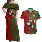South Sydney Rabbitohs Rugby Couples Matching Off Shoulder Maxi Dress and Hawaiian Shirt Fierce Mascot Geometric Tribal Art