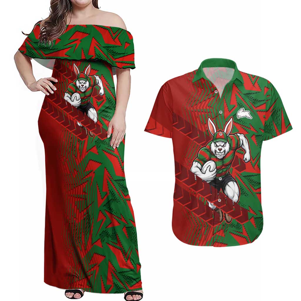 South Sydney Rabbitohs Rugby Couples Matching Off Shoulder Maxi Dress and Hawaiian Shirt Fierce Mascot Geometric Tribal Art