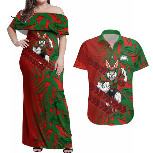 South Sydney Rabbitohs Rugby Couples Matching Off Shoulder Maxi Dress and Hawaiian Shirt Fierce Mascot Geometric Tribal Art