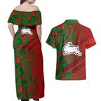 South Sydney Rabbitohs Rugby Couples Matching Off Shoulder Maxi Dress and Hawaiian Shirt Fierce Mascot Geometric Tribal Art