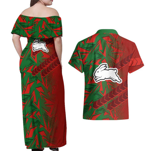 South Sydney Rabbitohs Rugby Couples Matching Off Shoulder Maxi Dress and Hawaiian Shirt Fierce Mascot Geometric Tribal Art