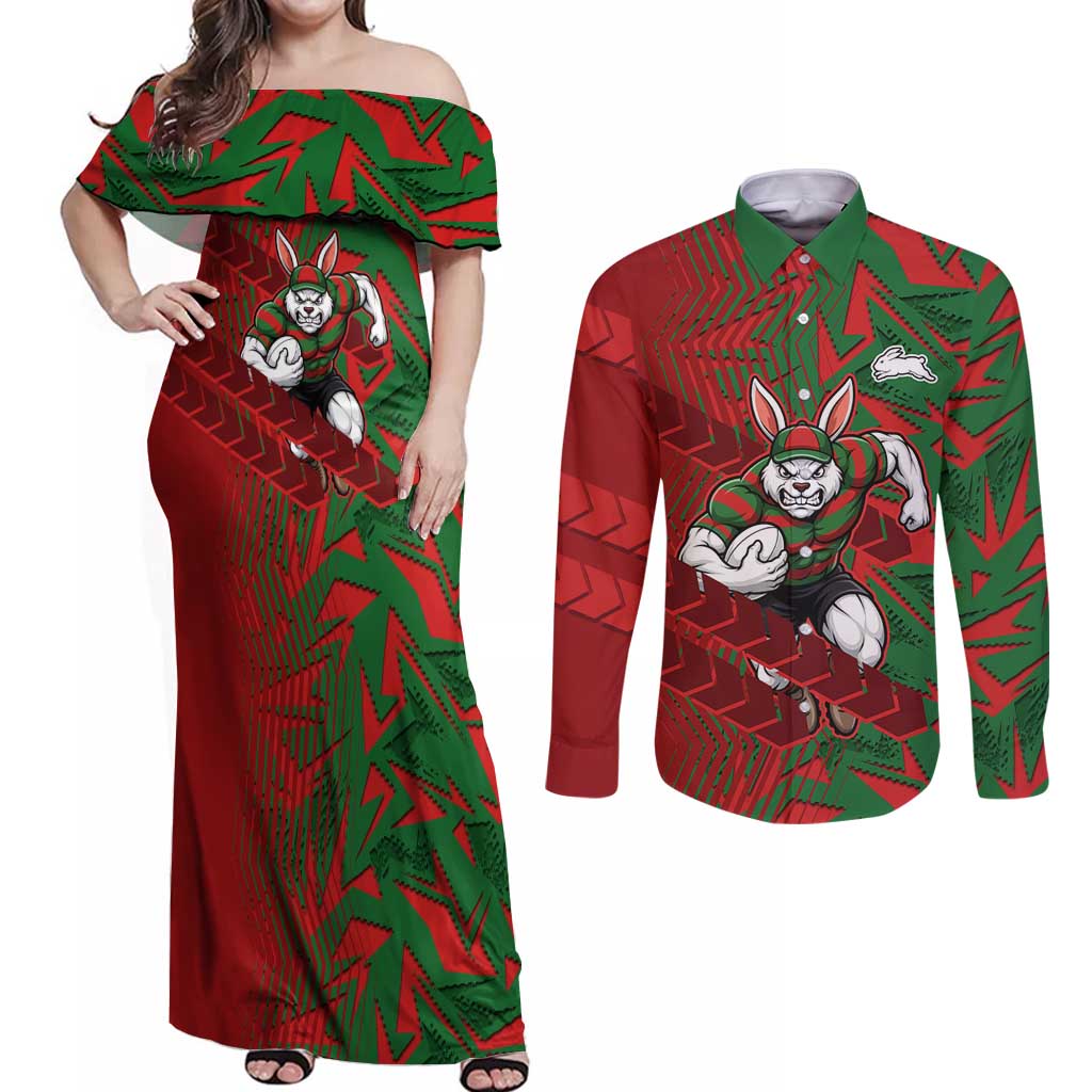 South Sydney Rabbitohs Rugby Couples Matching Off Shoulder Maxi Dress and Long Sleeve Button Shirt Fierce Mascot Geometric Tribal Art