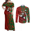 South Sydney Rabbitohs Rugby Couples Matching Off Shoulder Maxi Dress and Long Sleeve Button Shirt Fierce Mascot Geometric Tribal Art