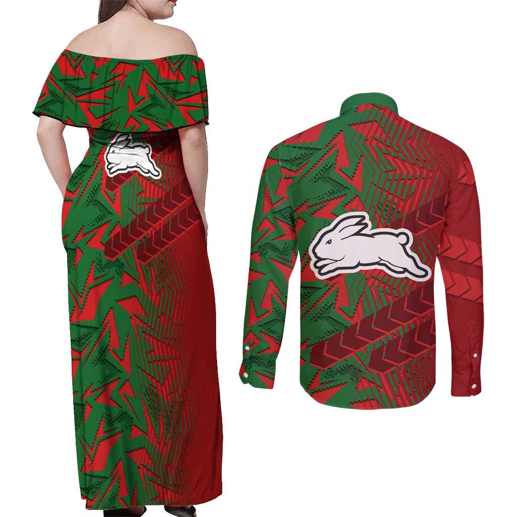 South Sydney Rabbitohs Rugby Couples Matching Off Shoulder Maxi Dress and Long Sleeve Button Shirt Fierce Mascot Geometric Tribal Art