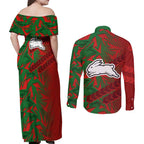 South Sydney Rabbitohs Rugby Couples Matching Off Shoulder Maxi Dress and Long Sleeve Button Shirt Fierce Mascot Geometric Tribal Art