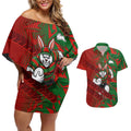 South Sydney Rabbitohs Rugby Couples Matching Off Shoulder Short Dress and Hawaiian Shirt Fierce Mascot Geometric Tribal Art