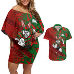 South Sydney Rabbitohs Rugby Couples Matching Off Shoulder Short Dress and Hawaiian Shirt Fierce Mascot Geometric Tribal Art