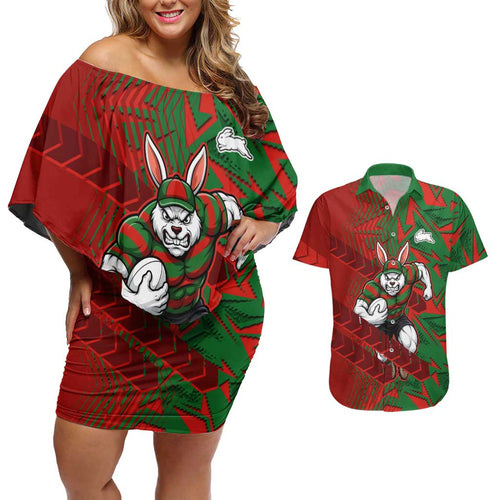 South Sydney Rabbitohs Rugby Couples Matching Off Shoulder Short Dress and Hawaiian Shirt Fierce Mascot Geometric Tribal Art