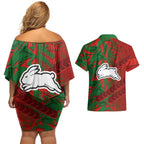 South Sydney Rabbitohs Rugby Couples Matching Off Shoulder Short Dress and Hawaiian Shirt Fierce Mascot Geometric Tribal Art