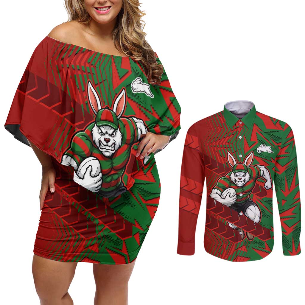 South Sydney Rabbitohs Rugby Couples Matching Off Shoulder Short Dress and Long Sleeve Button Shirt Fierce Mascot Geometric Tribal Art