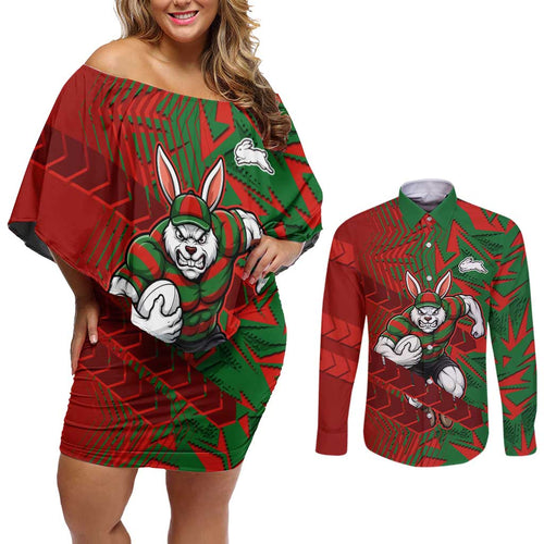 South Sydney Rabbitohs Rugby Couples Matching Off Shoulder Short Dress and Long Sleeve Button Shirt Fierce Mascot Geometric Tribal Art