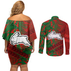 South Sydney Rabbitohs Rugby Couples Matching Off Shoulder Short Dress and Long Sleeve Button Shirt Fierce Mascot Geometric Tribal Art