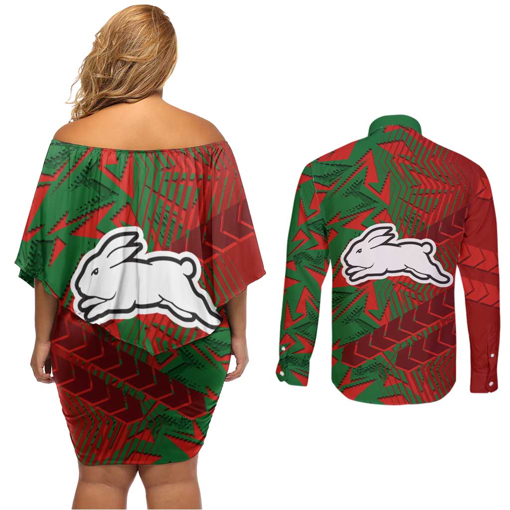 South Sydney Rabbitohs Rugby Couples Matching Off Shoulder Short Dress and Long Sleeve Button Shirt Fierce Mascot Geometric Tribal Art
