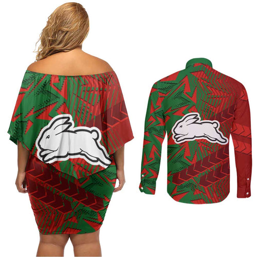 South Sydney Rabbitohs Rugby Couples Matching Off Shoulder Short Dress and Long Sleeve Button Shirt Fierce Mascot Geometric Tribal Art