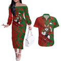 South Sydney Rabbitohs Rugby Couples Matching Off The Shoulder Long Sleeve Dress and Hawaiian Shirt Fierce Mascot Geometric Tribal Art