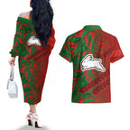 South Sydney Rabbitohs Rugby Couples Matching Off The Shoulder Long Sleeve Dress and Hawaiian Shirt Fierce Mascot Geometric Tribal Art