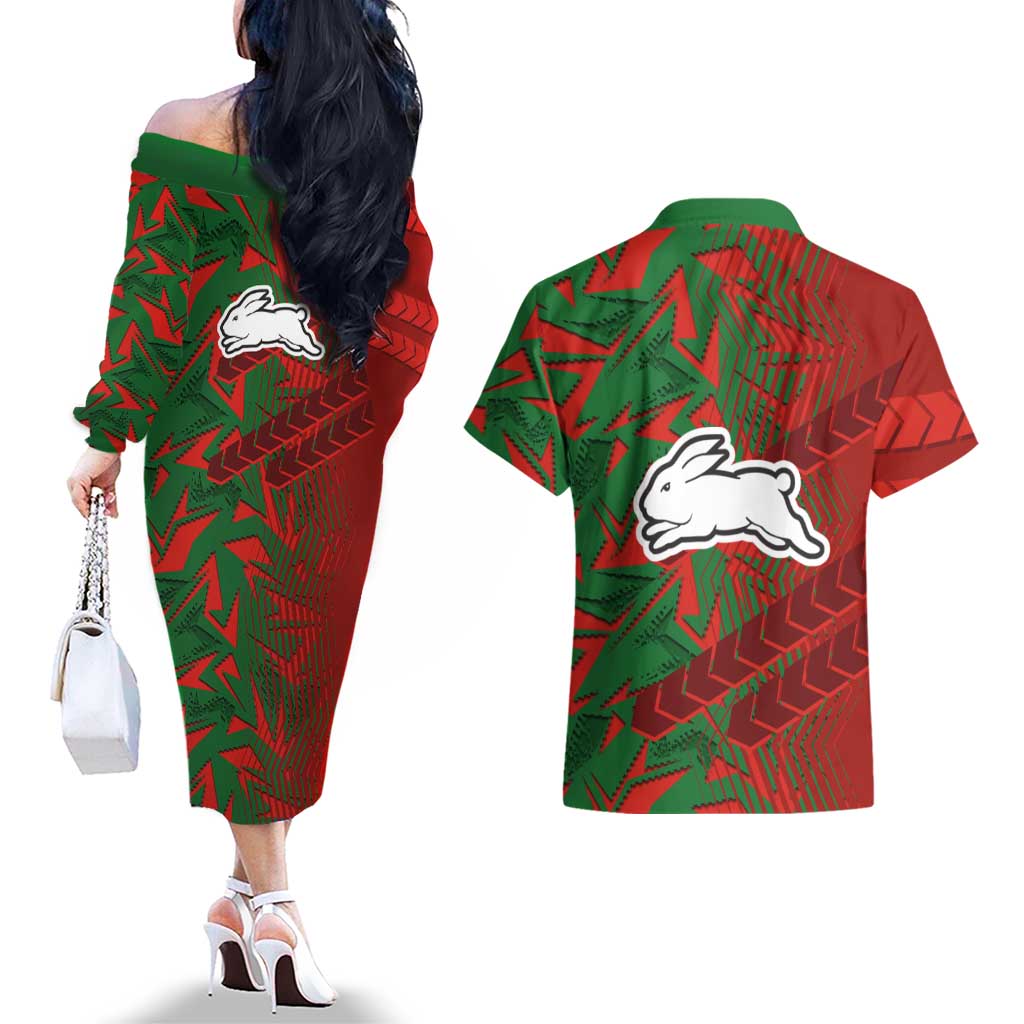 South Sydney Rabbitohs Rugby Couples Matching Off The Shoulder Long Sleeve Dress and Hawaiian Shirt Fierce Mascot Geometric Tribal Art