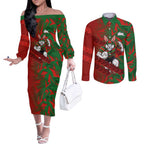 South Sydney Rabbitohs Rugby Couples Matching Off The Shoulder Long Sleeve Dress and Long Sleeve Button Shirt Fierce Mascot Geometric Tribal Art