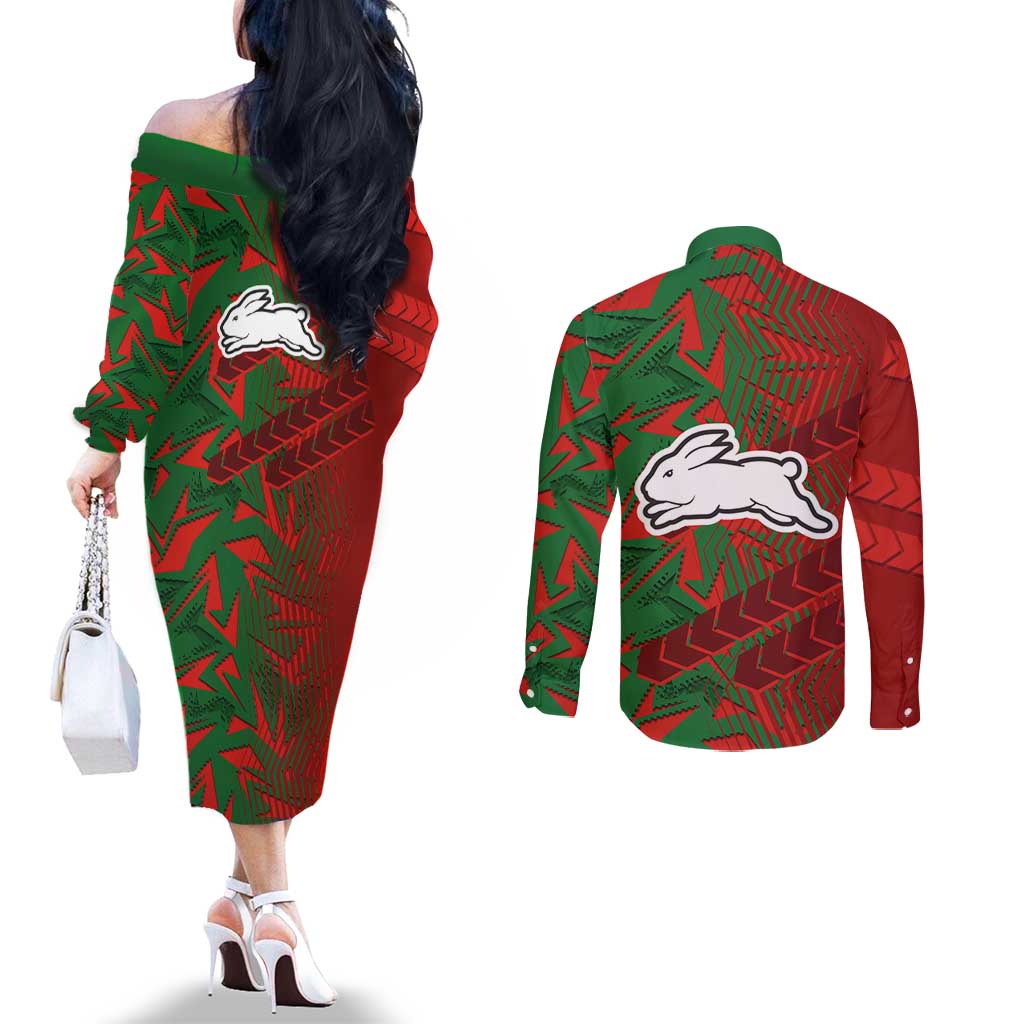 South Sydney Rabbitohs Rugby Couples Matching Off The Shoulder Long Sleeve Dress and Long Sleeve Button Shirt Fierce Mascot Geometric Tribal Art