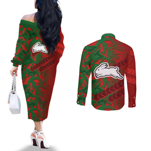 South Sydney Rabbitohs Rugby Couples Matching Off The Shoulder Long Sleeve Dress and Long Sleeve Button Shirt Fierce Mascot Geometric Tribal Art