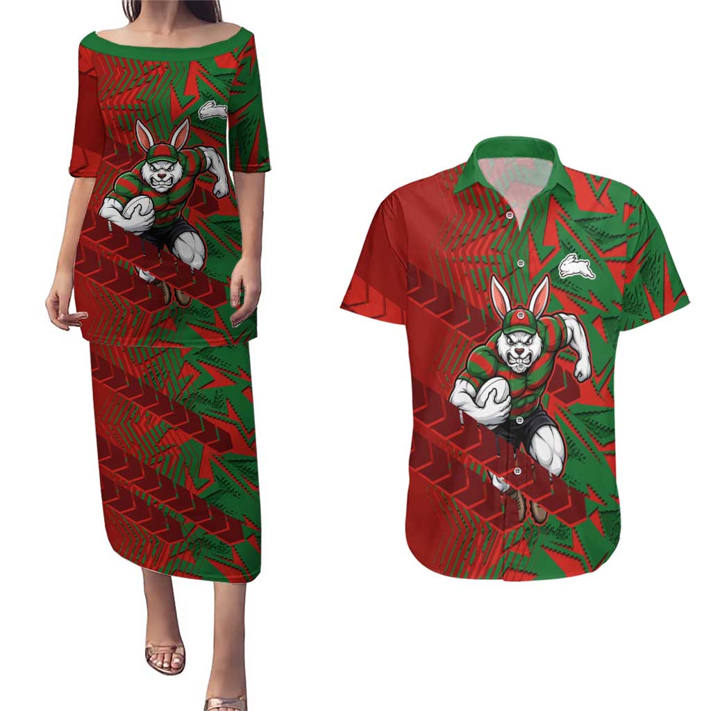 South Sydney Rabbitohs Rugby Couples Matching Puletasi and Hawaiian Shirt Fierce Mascot Geometric Tribal Art